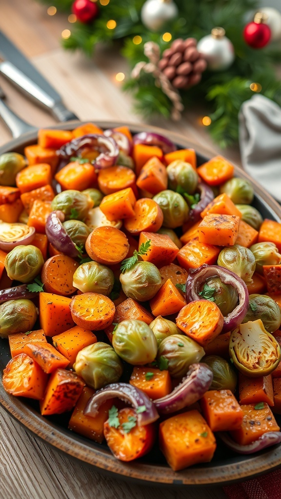Festive Roasted Vegetable Medley for Christmas Dinner A colorful roasted vegetable medley with Brussels sprouts, sweet potatoes, carrots, and red onions on a rustic wooden table.
